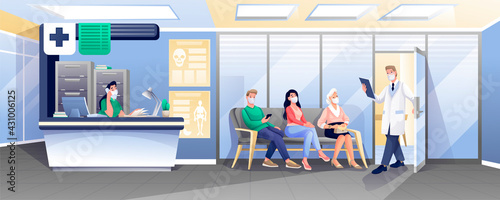 People waiting for doctor appointment in queue. Patients sitting in hospital, receptionist working at desk, medical professional at door vector illustration. Health care scene