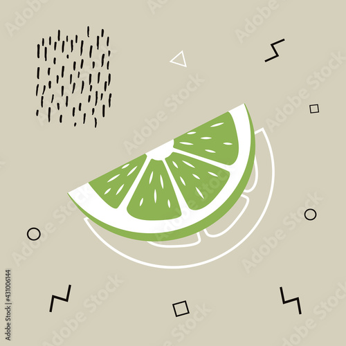 Abstract poster with lime. Contemporary art. Abstract elements, citrus fruits for social networks, cards, prints. Memphis style lime
