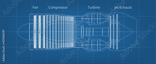 Commercial Airplane Jet Engine Blueprint Side View