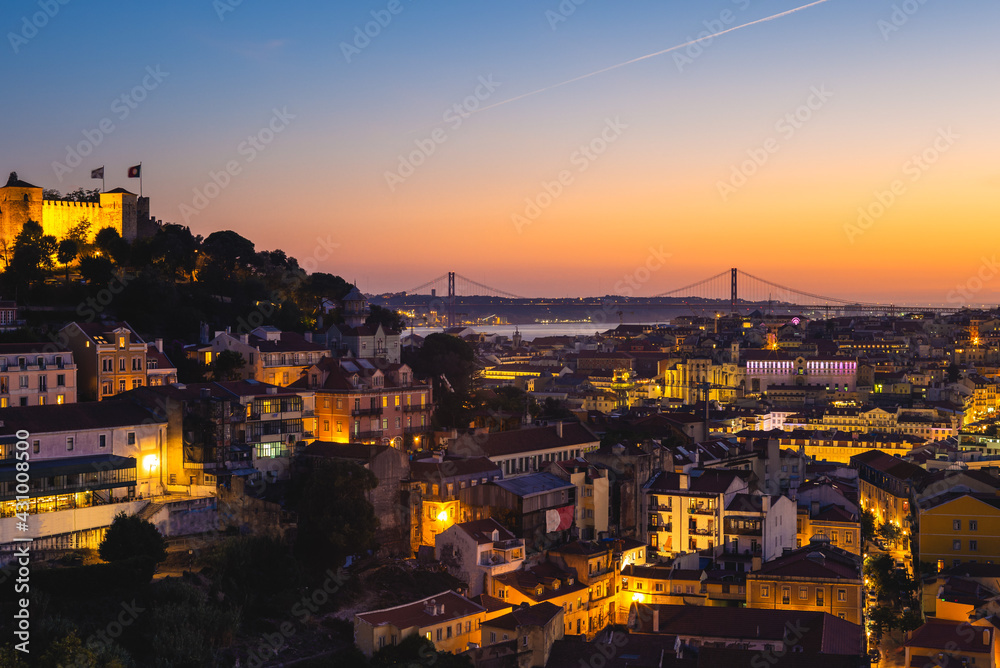 night view of lisbon and saint george castle in portugal