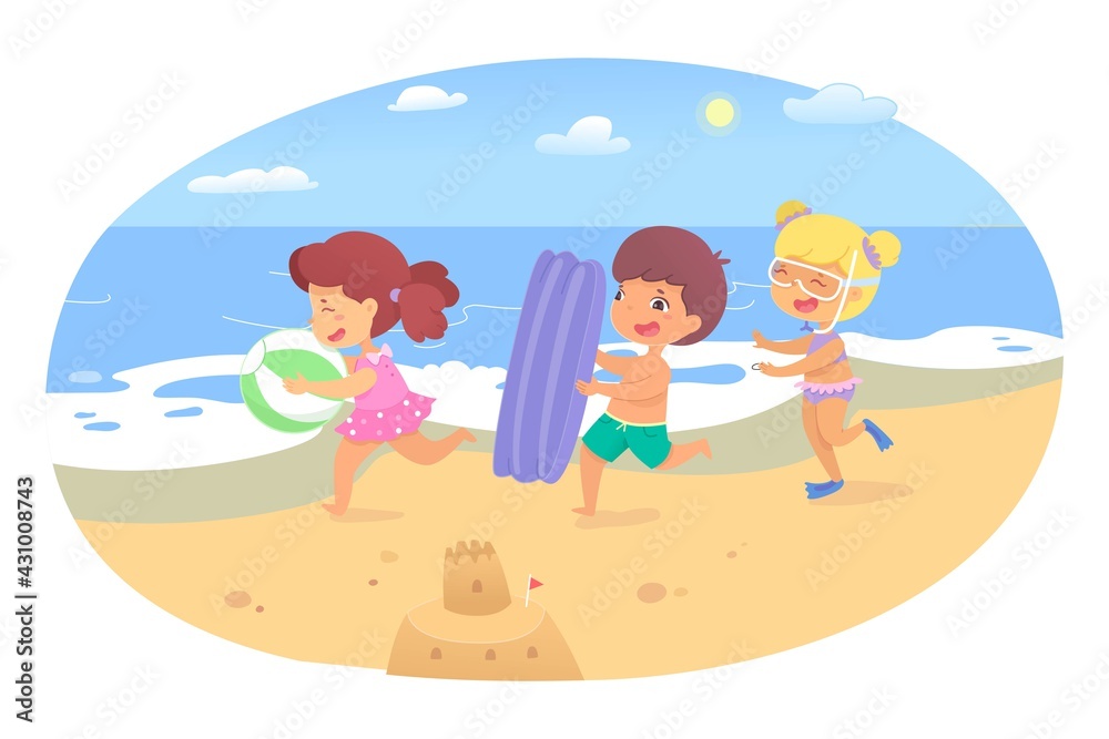 Happy vector children have fun running on beach