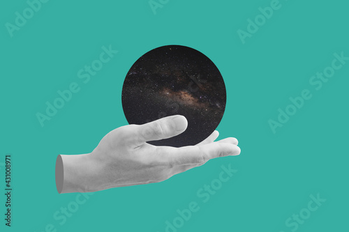 Digital collage modern art. Hand holding circle space