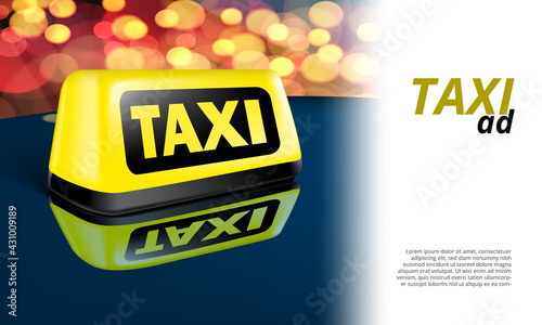 Yellow Glowing Taxi Automobile Sign On Night Car