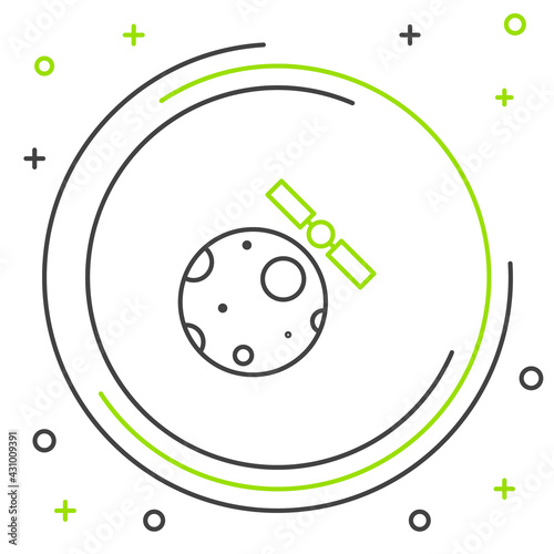 Fototapeta Naklejka Na Ścianę i Meble -  Line Artificial satellites orbiting the planet Earth in outer space icon isolated on white background. Communication, navigation concept. Colorful outline concept. Vector