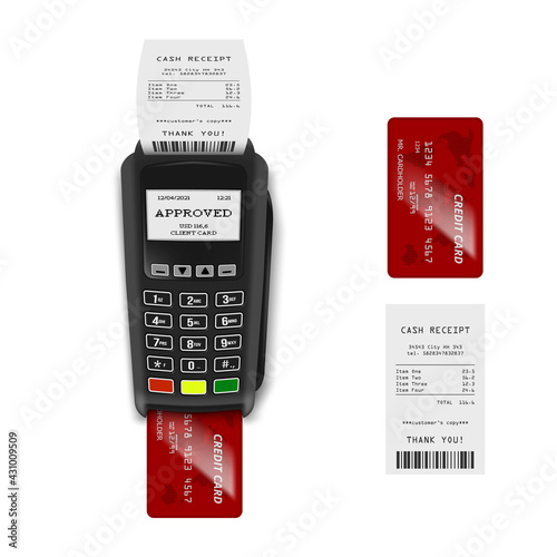 3D Payment Terminal With Receipt And Credit Card