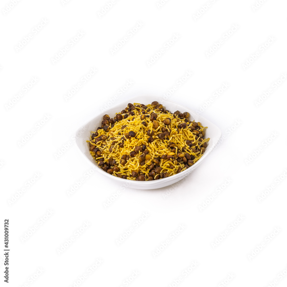 mix sev or shev , bhujiya or mix farsaan ingredients in a white bowl on white background
mix sev or shev , bhujiya or mix farsaan ingredients in a white bowl on white background