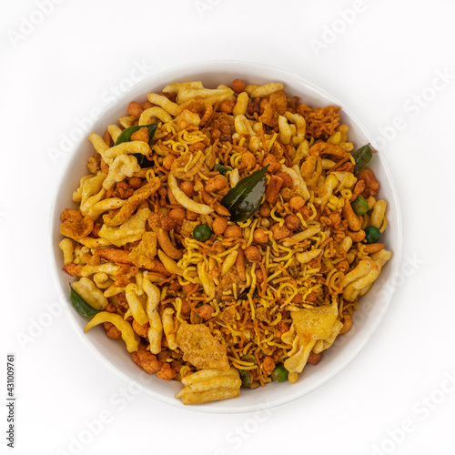 mix farsan or farsaan in a white bowl or plate  photo