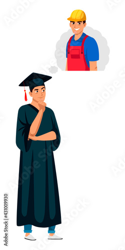 Graduate chooses profession. Guy will be builder engineer, architect constructor, construction worker. Young man in graduation form thinking, choosing future career. Vector character illustration.