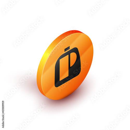 Isometric Plastic bottles for laundry detergent, bleach, dishwashing liquid or another cleaning agent icon isolated on white background. Orange circle button. Vector Illustration