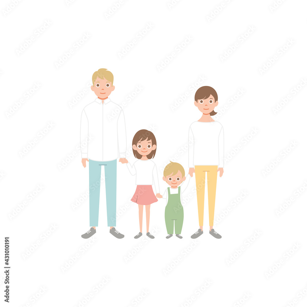 Family portrait. Parents and children. Portrait of family members standing together. Vector illustration in cartoon style isolated on white.