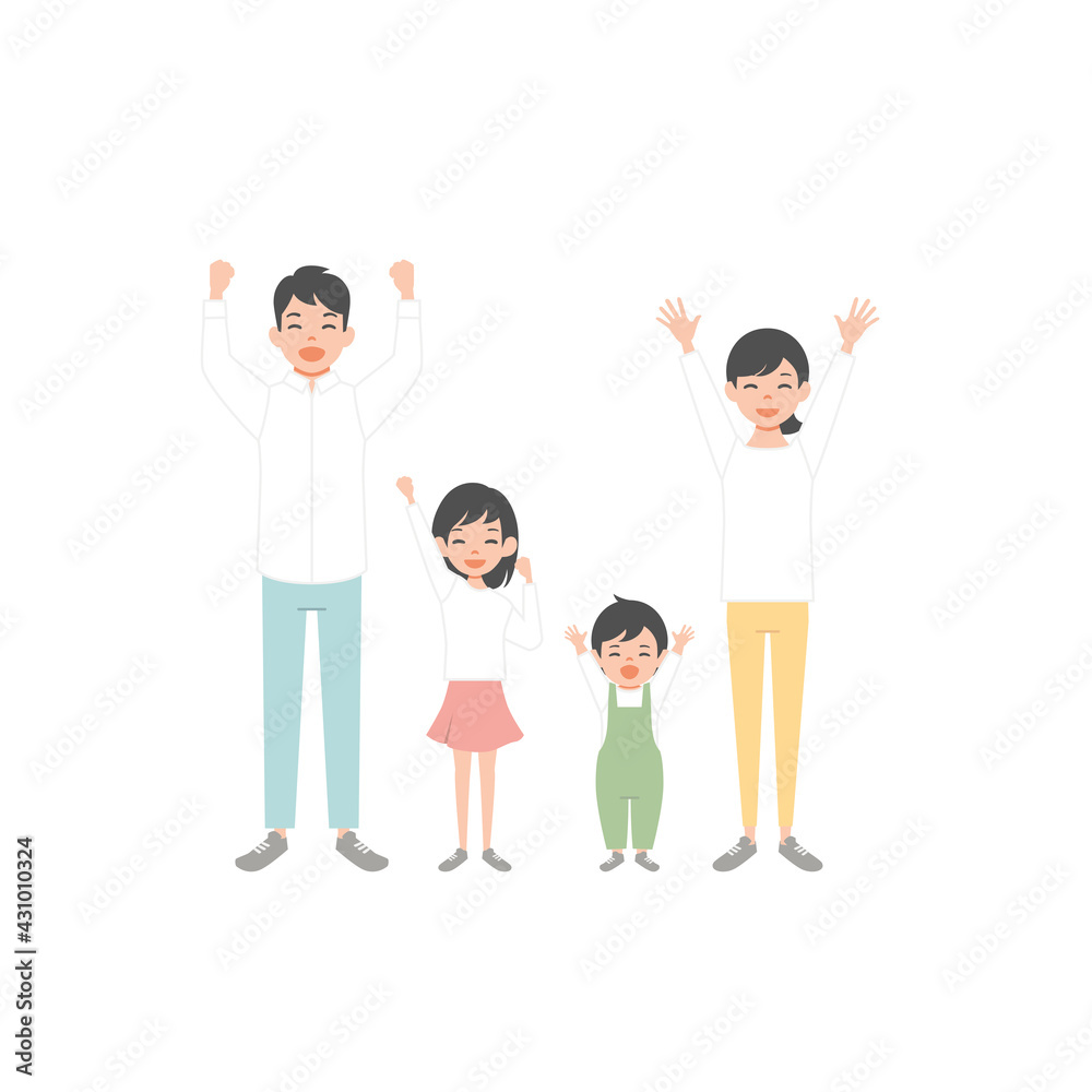 Family portrait. Happy family standing together with raised hands. Smiling parents and child isolated on white background. Colorful vector illustration in flat style Family portrait. Happy family standing together with raised hands. Smiling parents and child isolated on white background. Colorful vector illustration in flat style