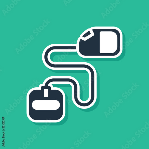 Blue Retractable cord leash with carabiner icon isolated on green background. Pet dog lead. Animal accessory for outdoors walk. Vector