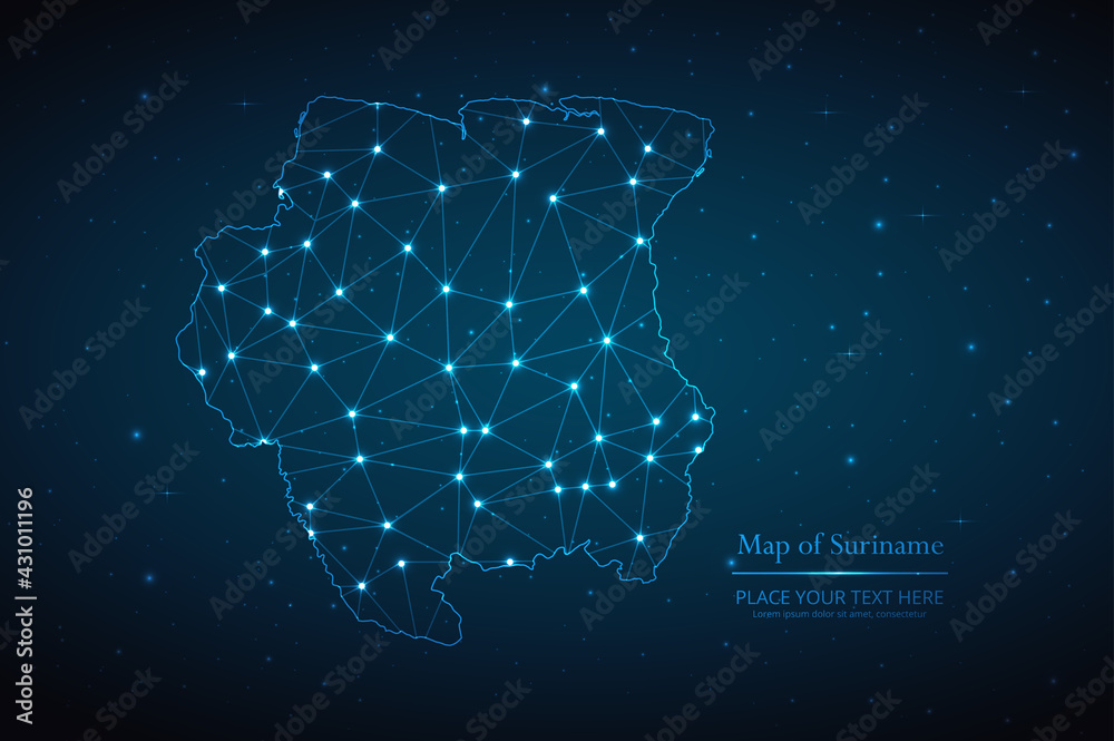 Abstract map of Suriname geometric mesh polygonal network line, structure and point scales on dark background. Vector illustration eps 10 Abstract map of Suriname geometric mesh polygonal network line, structure and point scales on dark background. Vector illustration eps 10