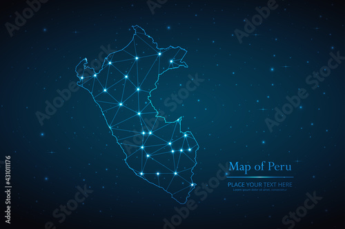 Abstract map of Peru geometric mesh polygonal network line, structure and point scales on dark background. Vector illustration eps 10