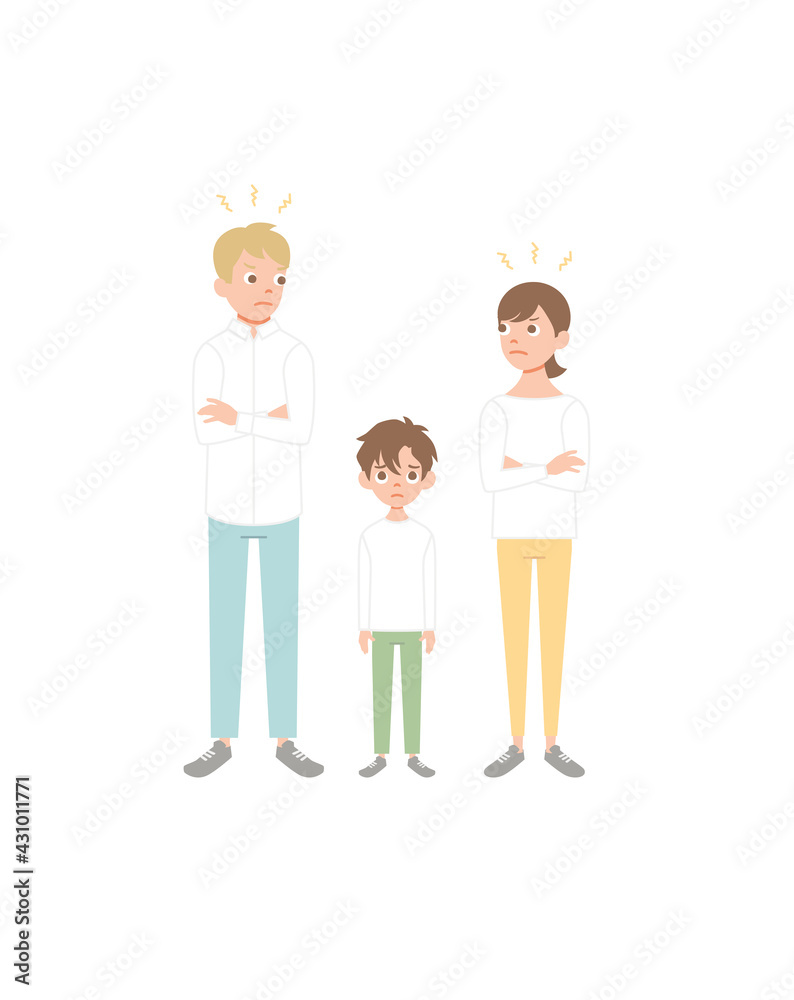 Mother and father brawling or quarreling in presence of child. Conflict between mom and dad. Unhappy family. Flat cartoon vector illustration Mother and father brawling or quarreling in presence of child. Conflict between mom and dad. Unhappy family. Flat cartoon vector illustration