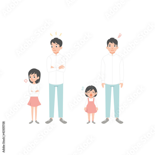 Problems of relations between daughter and father. Flat cartoon vector illustration