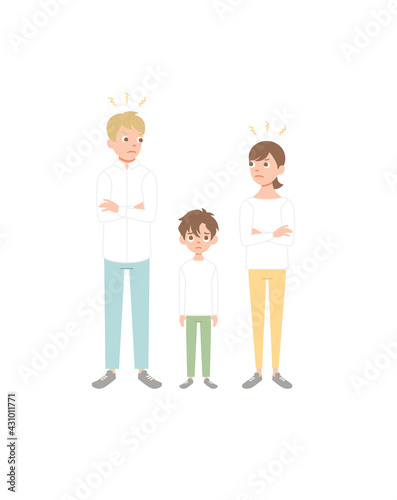 Mother and father brawling or quarreling in presence of child. Conflict between mom and dad. Unhappy family. Flat cartoon vector illustration