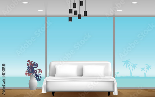 white bed in bedroom on the house on the beach