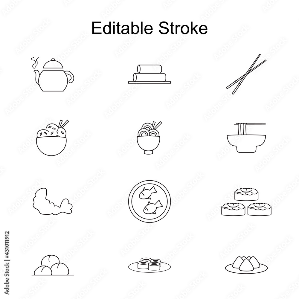 Editable stroke, set of Chinese, Japanese, Korean, Asian food icons