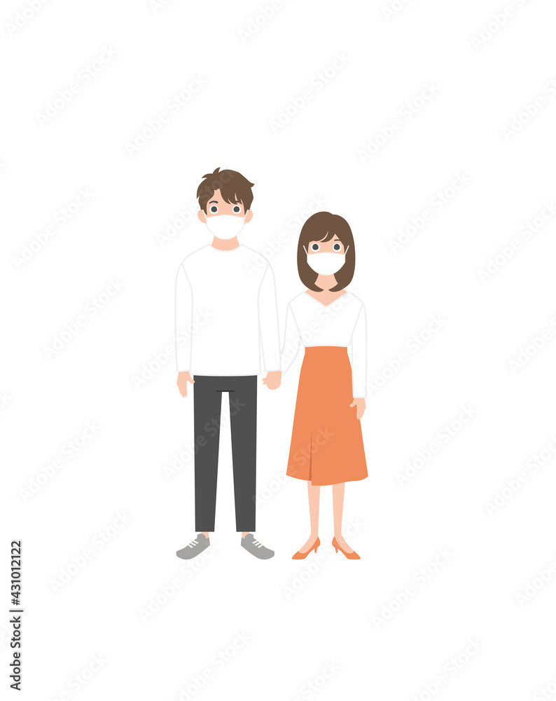 The young couple uses medical masks to protect against the coronavirus. Flat cartoon vector illustration. 