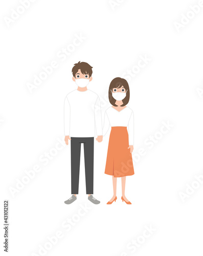 The young couple uses medical masks to protect against the coronavirus. Flat cartoon vector illustration. 