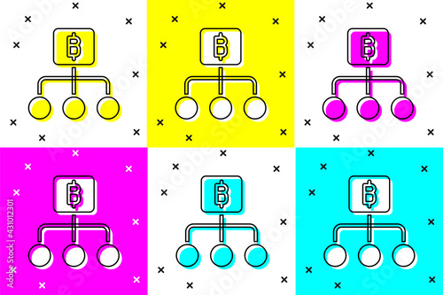 Set Blockchain technology Bitcoin icon isolated on color background. Abstract geometric block chain network technology business. Vector