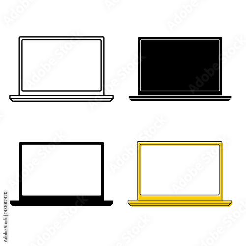 Laptop icons. Thin frame notebook or ultrabook. Simple flat symbol of laptop computer. Handheld computer icons. Outline and glyph illustration