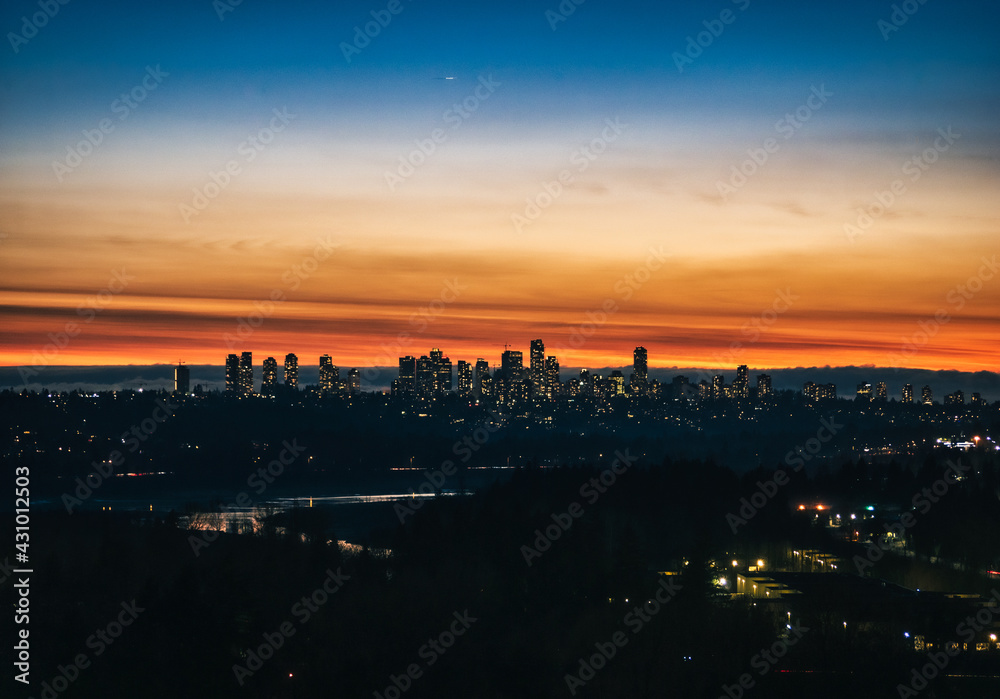 City of Metrotown on sunset sky background in Vancouver, British Columbia
