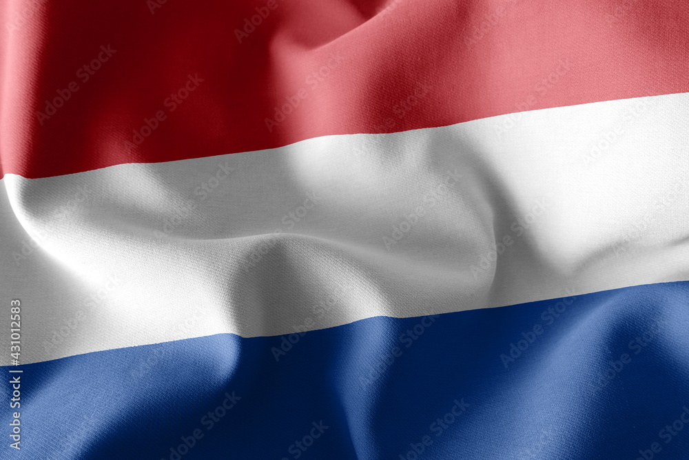 3D rendering illustration flag of Netherlands. Waving on the win 3D rendering illustration flag of Netherlands. Waving on the win