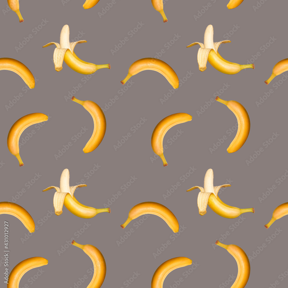 Peel and whole Banana seamless pattern on grey background. Trendy colors Summer tropical exotic fruit pattern, concept. Nature background., gift wrapping paper, textile print design. Peel and whole Banana seamless pattern on grey background. Trendy colors Summer tropical exotic fruit pattern, concept. Nature background., gift wrapping paper, textile print design.