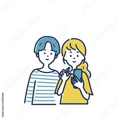 スマホを見る2人の若い女の子のイラスト素材