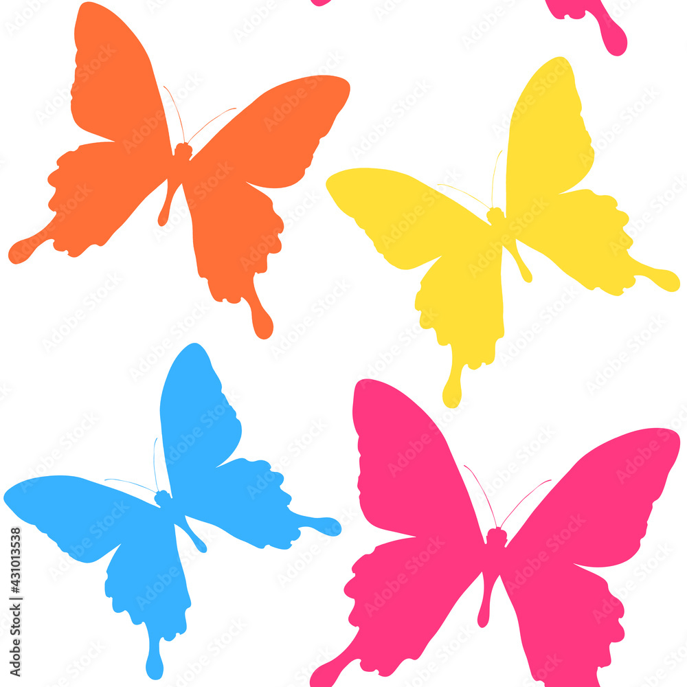 Seamless pattern of silhouettes of butterflies. Natural background of beautiful insects.