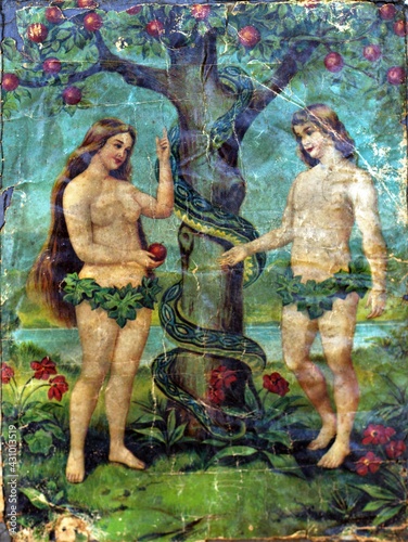 Fotografiet an old printed picture of Adam and Eve under the apple tree