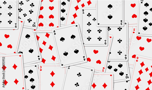 Playing cards background. Cards of different suits. Template for your design. Game. Vector illustration.