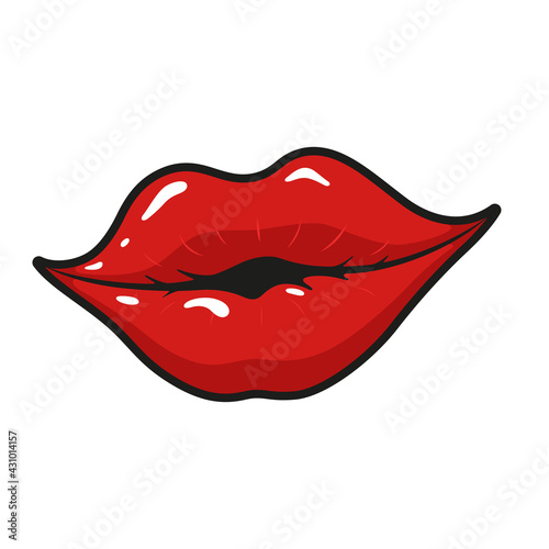 Female lips painted with red lipstick icon. Lady, feminine pretty smile. Sticker design. Woman kiss.
