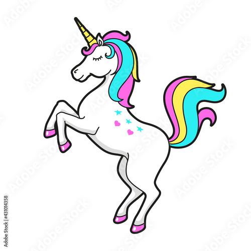 Unicorn prancing on hind hooves cartoon icon. Rearing fabulous horse with rainbow tail, mane.