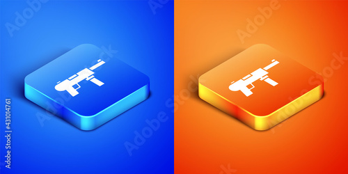 Isometric Submachine gun M3, Grease gun icon isolated on blue and orange background. Square button. Vector