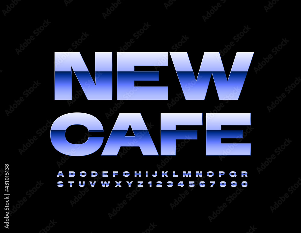 Obraz premium Vector modern Sign New Cafe. Trendy Metallic Font. Artistic Alphabet Letters and Numbers