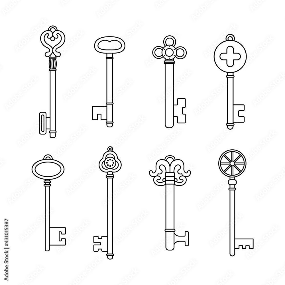 Vector set of retro keys in outline style. Vector set of retro keys in outline style.