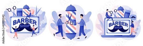 Barbershop. Tiny people barbers care hair and beard. Haircut, beard trimming and shaving services concept. Men salon. Modern flat cartoon style. Vector illustration on white background