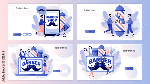 Barbershop. Tiny people barbers care hair and beard. Haircut, beard trimming and shaving services concept. Screen template for landing page, template, ui, web, mobile app, poster, banner, flyer.Vector