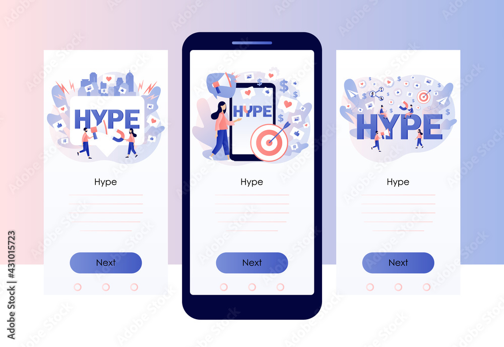 Hype concept. Social media viral or fake content. Internet trends. Hype marketing. Bloggers, celebrities need more likes. Screen template for mobile, smartphone app. Modern flat cartoon style. Vector Hype concept. Social media viral or fake content. Internet trends. Hype marketing. Bloggers, celebrities need more likes. Screen template for mobile, smartphone app. Modern flat cartoon style. Vector