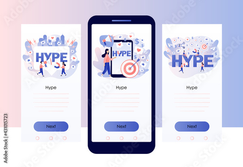 Hype concept. Social media viral or fake content. Internet trends. Hype marketing. Bloggers, celebrities need more likes. Screen template for mobile, smartphone app. Modern flat cartoon style. Vector 