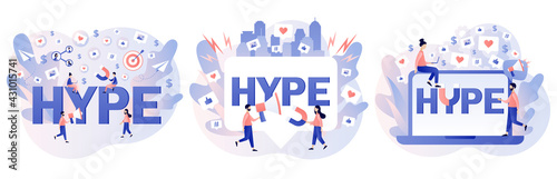 Hype marketing. Social media viral or fake content. Tiny people following internet trends. Bloggers, celebrities, influencers need more likes. Modern flat cartoon style. Vector illustration
