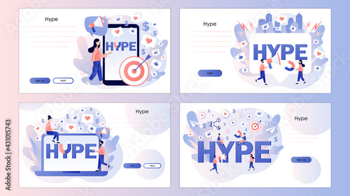 Hype concept. Social media viral or fake content. Tiny people following internet trends. Hype marketing. Screen template for landing page, template, ui, web, mobile app, poster, banner, flyer. Vector