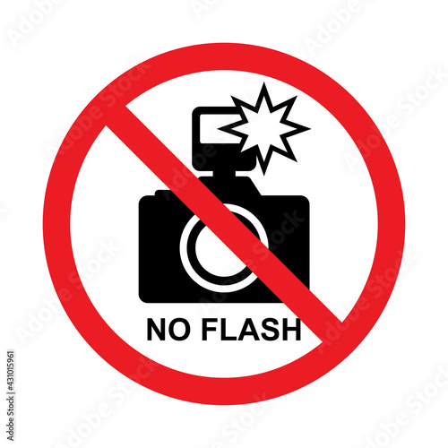 No flash photography sign, Prohibition symbol sticker for area places, Isolated on white background, Flat design vector illustration