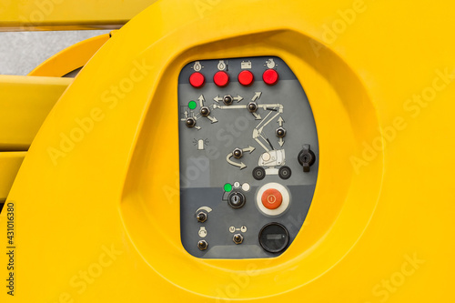 Control panel equipment for hydraulic crane or lifting, telescopic platform, close-up