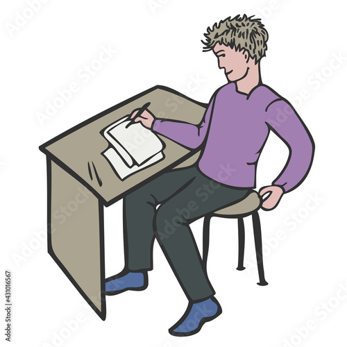 Vector illustration of a tricky student cheating on an exam. Colorful illustration of a happy man writing at the table.