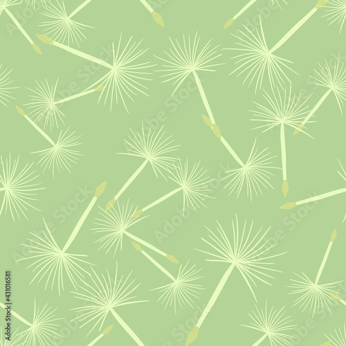 Random white dandelion elements seamless pattern in hand drawn style. Light green background.