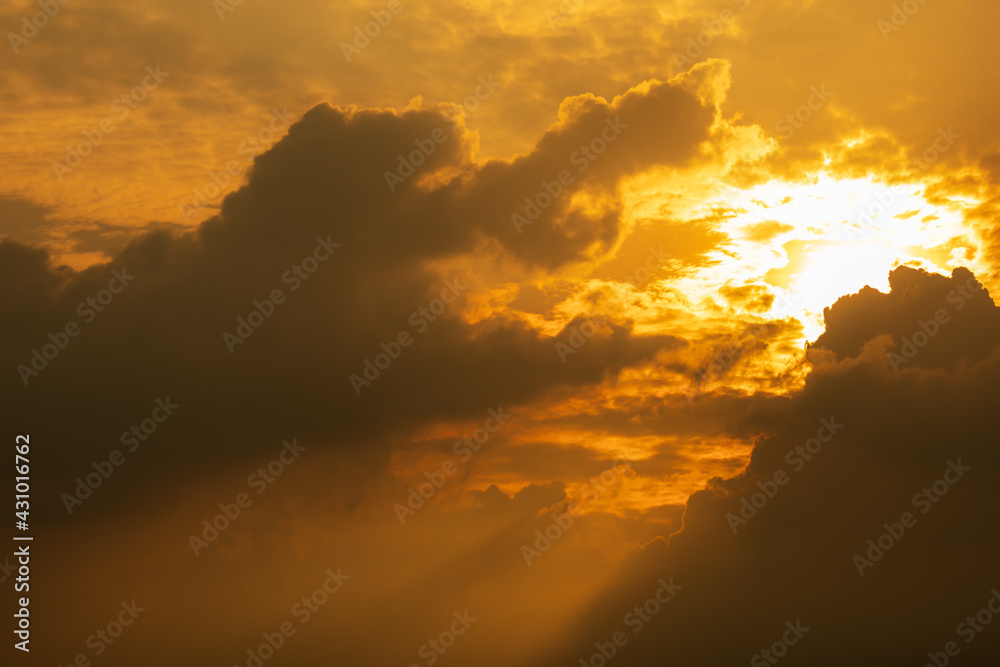 Dramatic clouds and sky like heaven view at sunset time. with gold or golden light tone.